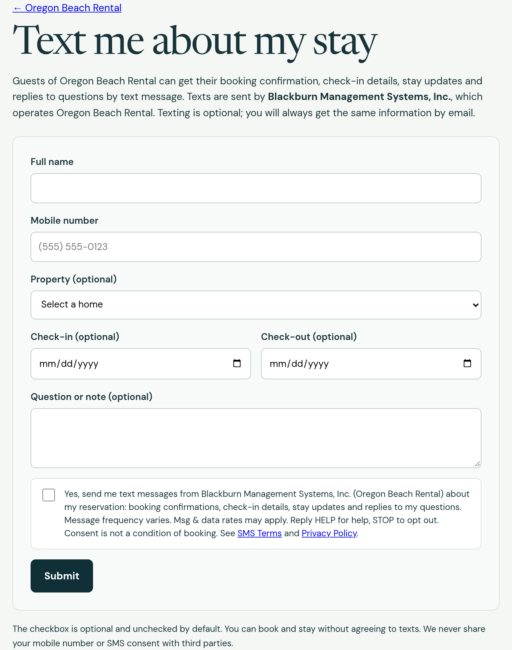Screenshot of the optional, unchecked guest SMS consent checkbox on the Text me about my stay page